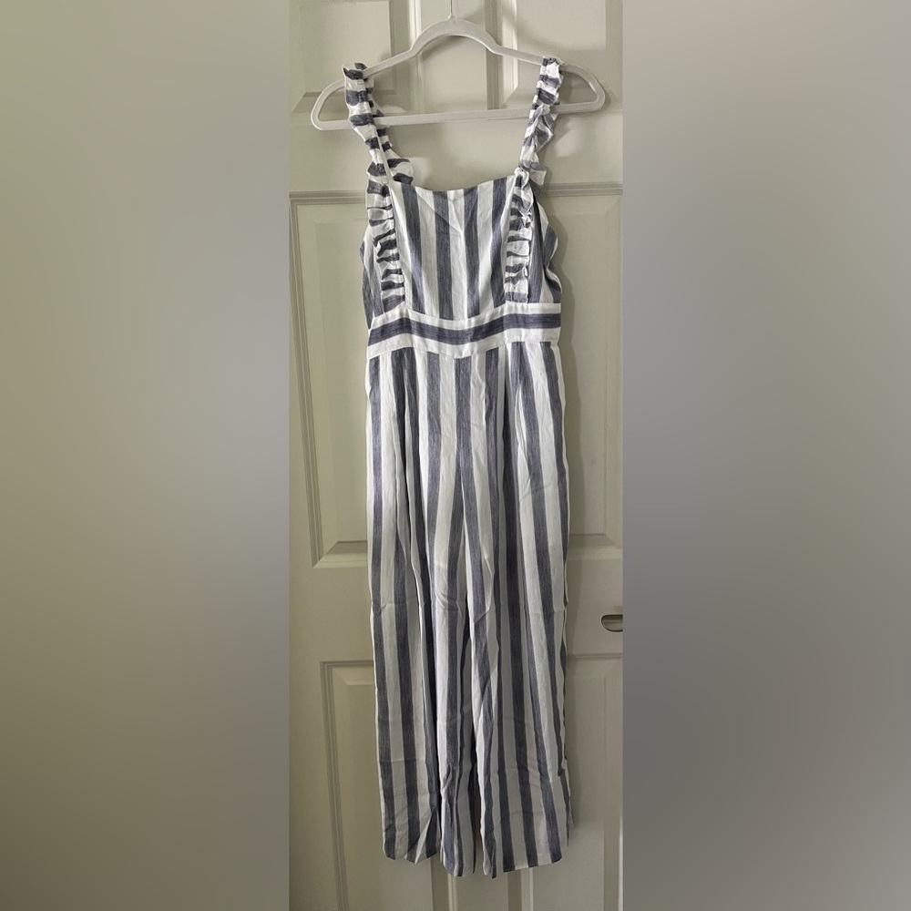 Know. One.Cares blue and white striped jumpsuit w/ruffle shoulders lightweight M